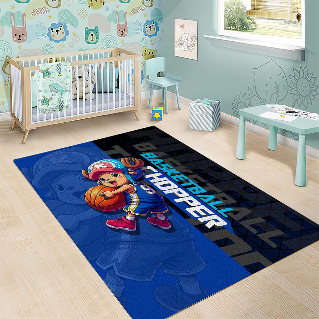 Tony Tony Chopper One Piece Basketball Theme Blue and Black Design Area Rug with Straw Hat Crew Emblem and Playful Pose - The Mazicc