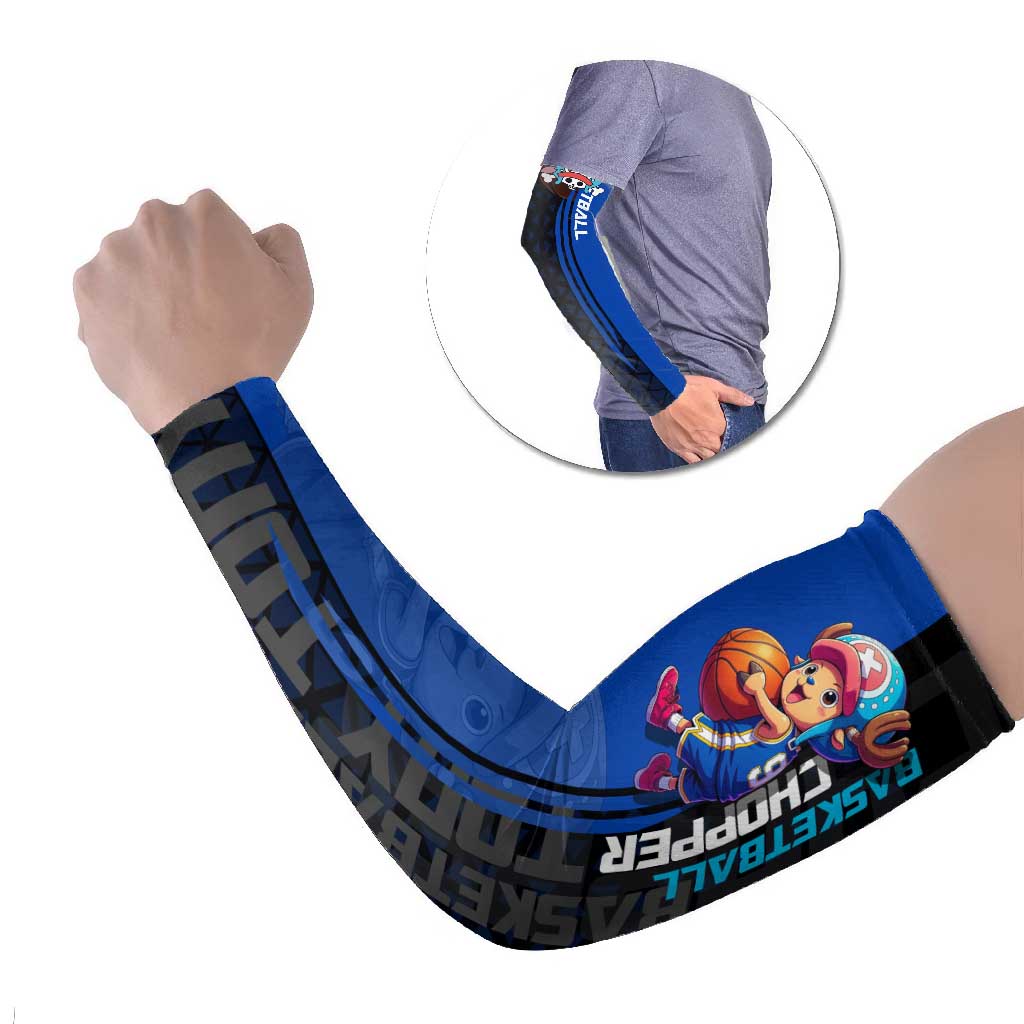 Tony Tony Chopper One Piece Basketball Theme Blue and Black Design Arm Sleeves with Straw Hat Crew Emblem and Playful Pose - The Mazicc