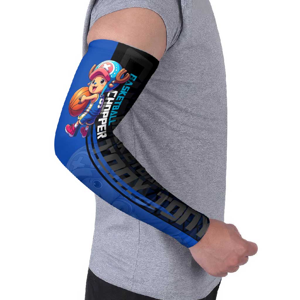 Tony Tony Chopper One Piece Basketball Theme Blue and Black Design Arm Sleeves with Straw Hat Crew Emblem and Playful Pose - The Mazicc