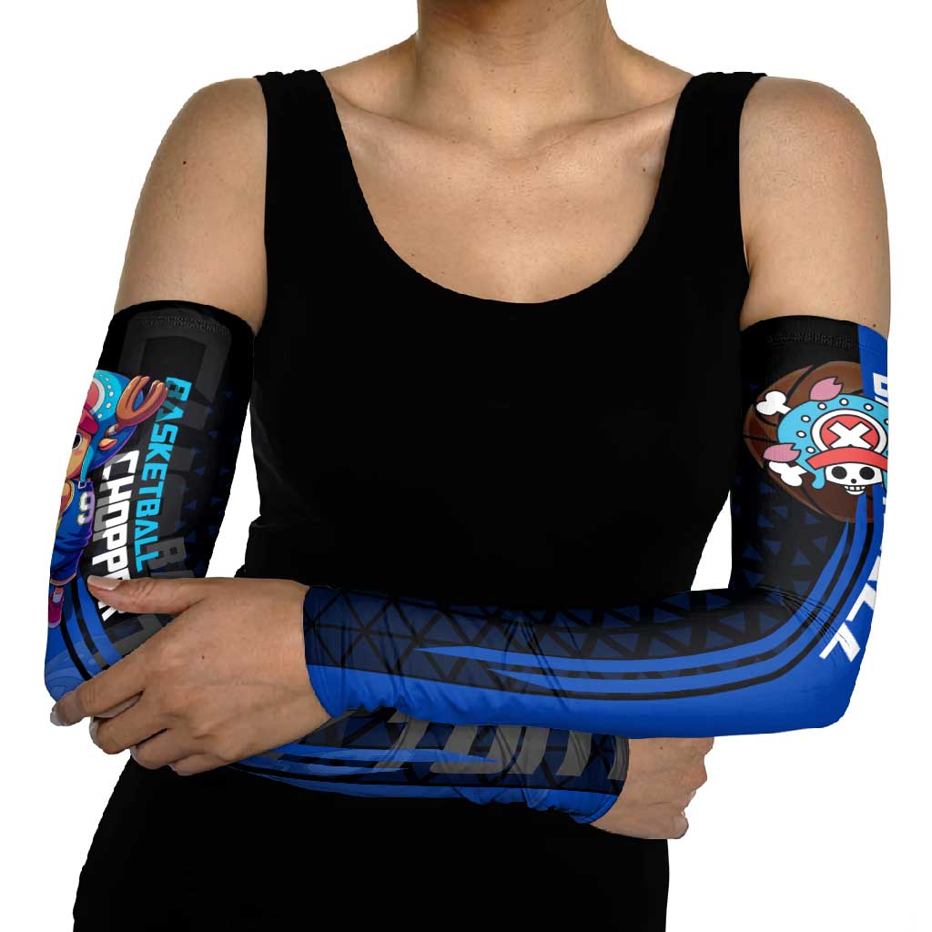 Tony Tony Chopper One Piece Basketball Theme Blue and Black Design Arm Sleeves with Straw Hat Crew Emblem and Playful Pose - The Mazicc