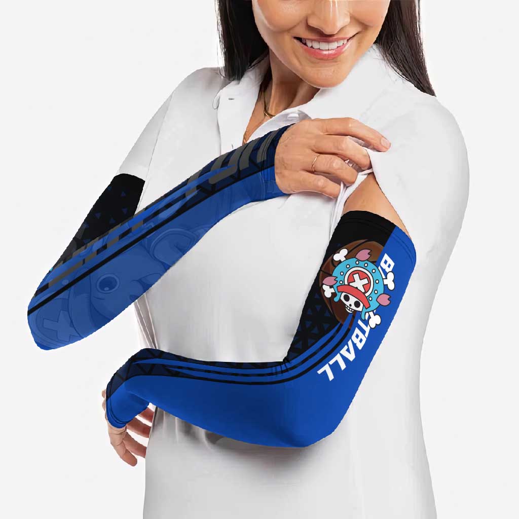 Tony Tony Chopper One Piece Basketball Theme Blue and Black Design Arm Sleeves with Straw Hat Crew Emblem and Playful Pose - The Mazicc