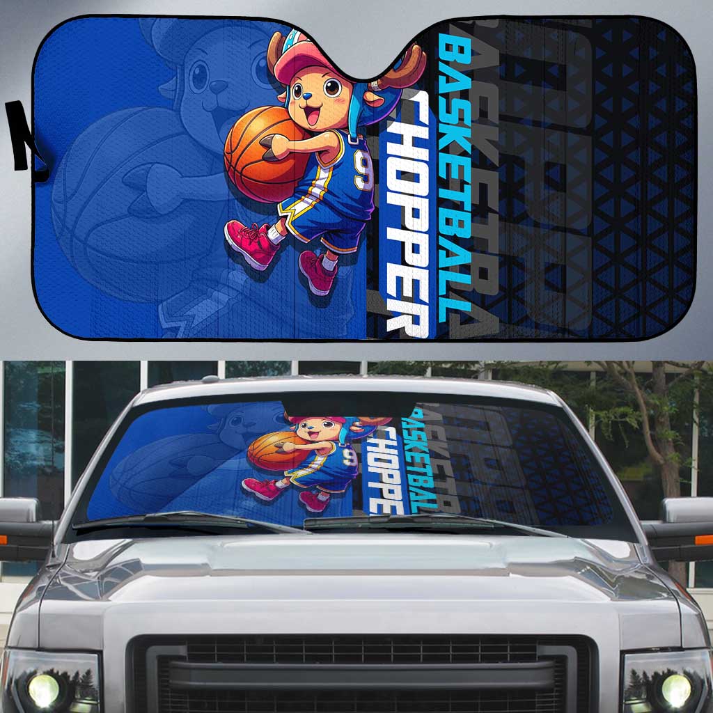 Tony Tony Chopper One Piece Basketball Theme Blue and Black Design Auto Sun Shade with Straw Hat Crew Emblem and Playful Pose - The Mazicc