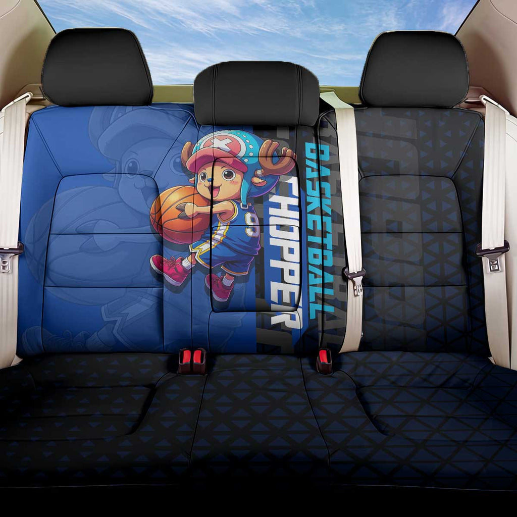 Tony Tony Chopper One Piece Basketball Theme Blue and Black Design Back Car Seat Cover with Straw Hat Crew Emblem and Playful Pose - The Mazicc