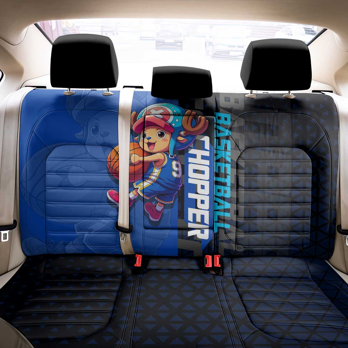 Tony Tony Chopper One Piece Basketball Theme Blue and Black Design Back Car Seat Cover with Straw Hat Crew Emblem and Playful Pose - The Mazicc