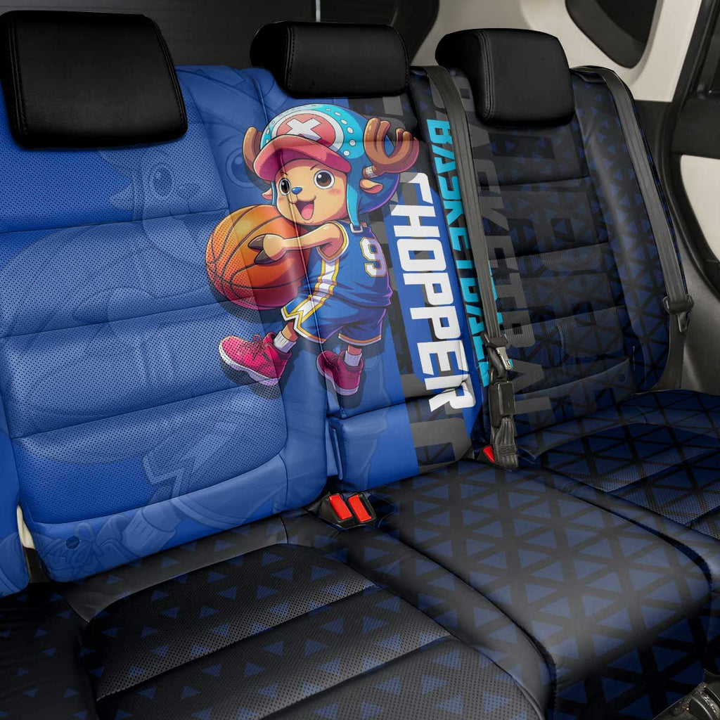 Tony Tony Chopper One Piece Basketball Theme Blue and Black Design Back Car Seat Cover with Straw Hat Crew Emblem and Playful Pose - The Mazicc