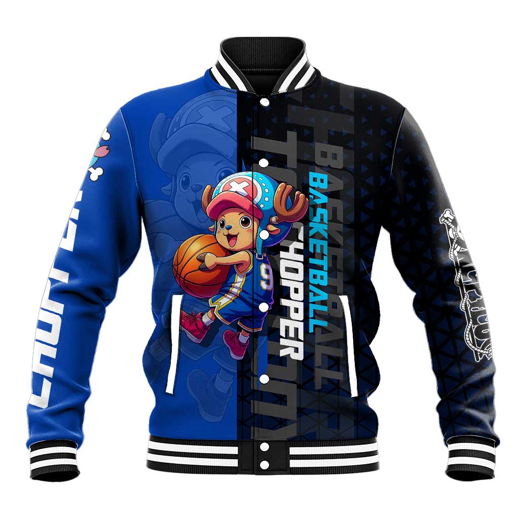 Tony Tony Chopper One Piece Basketball Theme Blue and Black Design Baseball Jacket with Straw Hat Crew Emblem and Playful Pose - The Mazicc