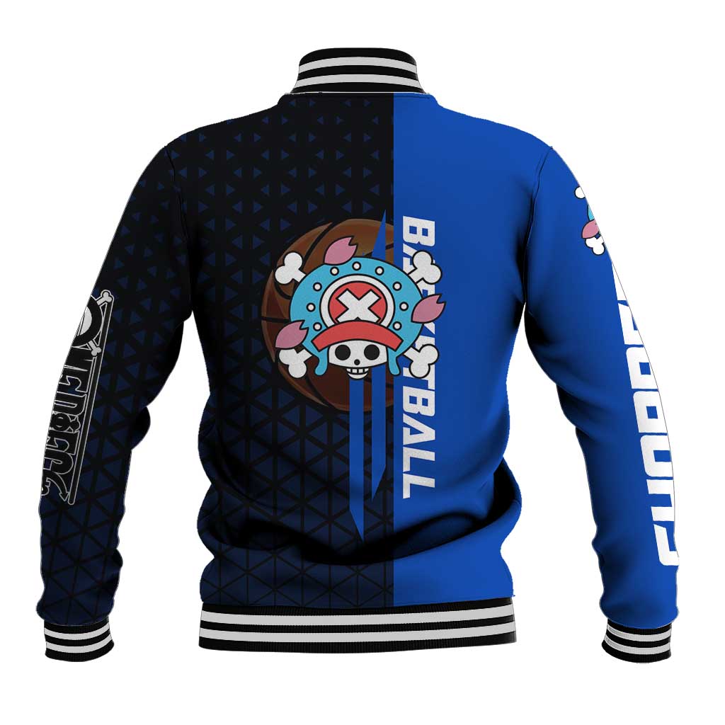 Tony Tony Chopper One Piece Basketball Theme Blue and Black Design Baseball Jacket with Straw Hat Crew Emblem and Playful Pose - The Mazicc