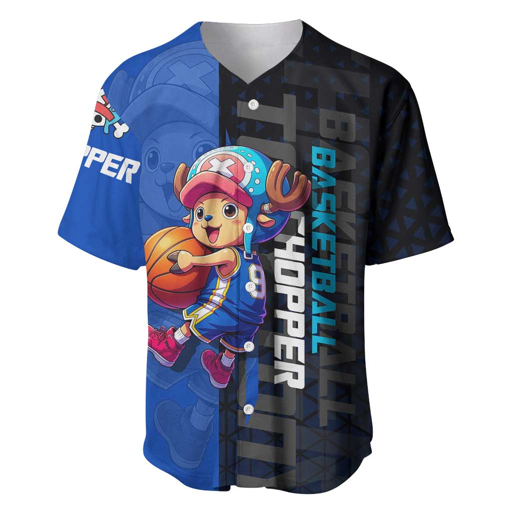 Tony Tony Chopper One Piece Basketball Theme Blue and Black Design Baseball Jersey with Straw Hat Crew Emblem and Playful Pose - The Mazicc