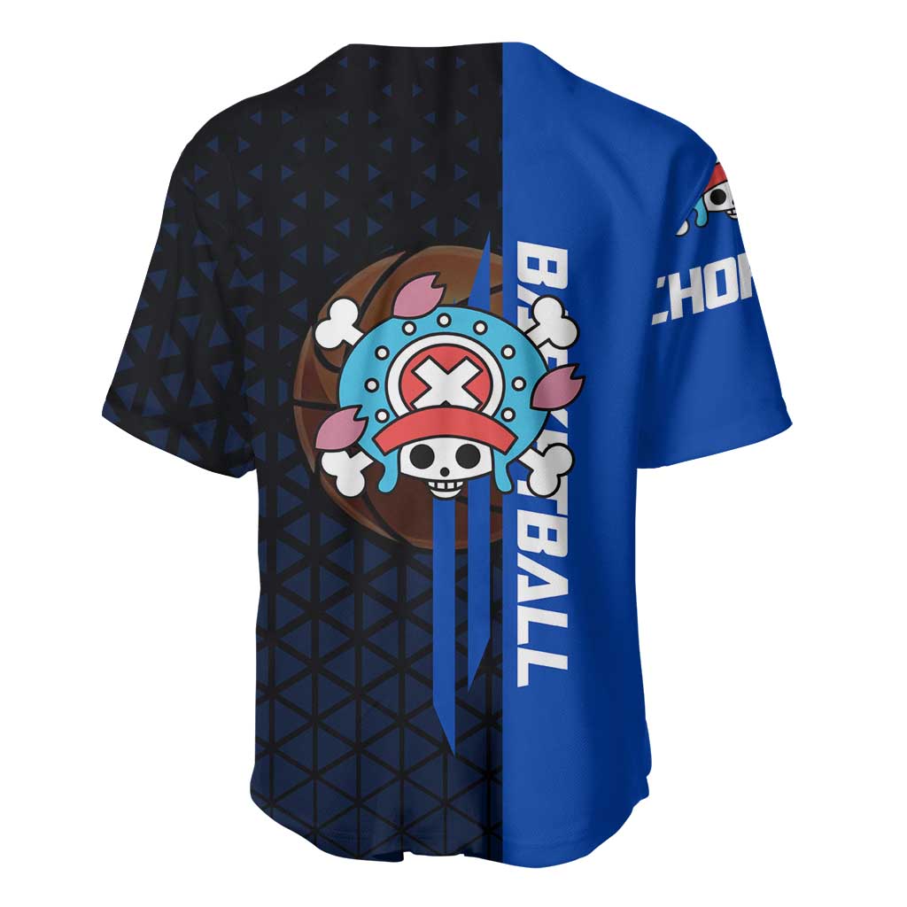 Tony Tony Chopper One Piece Basketball Theme Blue and Black Design Baseball Jersey with Straw Hat Crew Emblem and Playful Pose - The Mazicc
