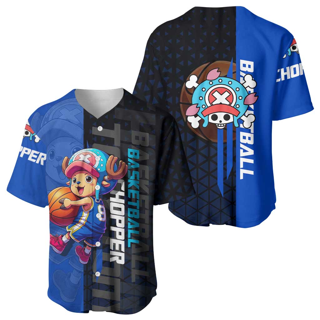 Tony Tony Chopper One Piece Basketball Theme Blue and Black Design Baseball Jersey with Straw Hat Crew Emblem and Playful Pose - The Mazicc
