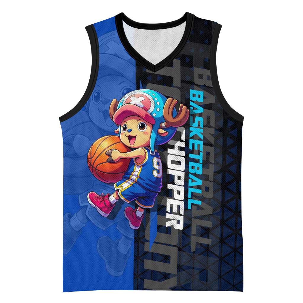 Tony Tony Chopper One Piece Basketball Theme Blue and Black Design Basketball Jersey with Straw Hat Crew Emblem and Playful Pose - The Mazicc