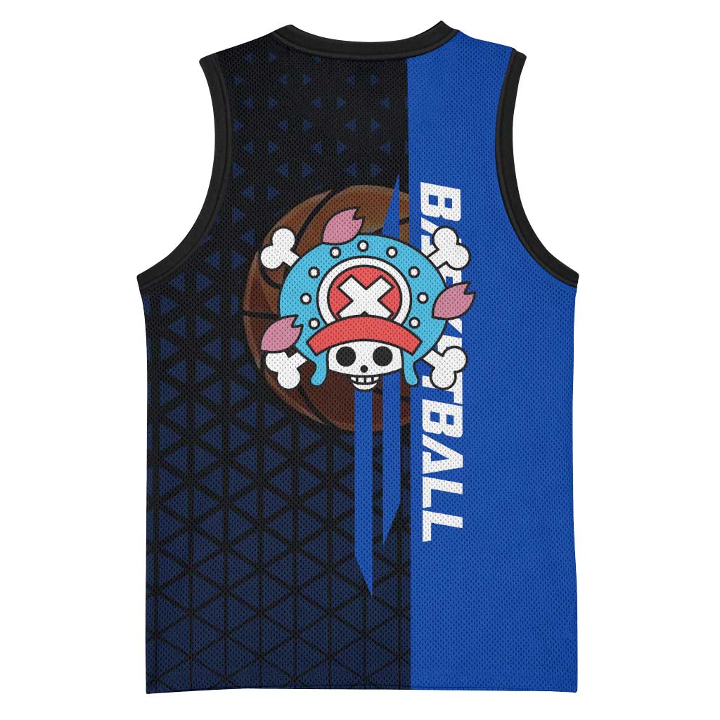 Tony Tony Chopper One Piece Basketball Theme Blue and Black Design Basketball Jersey with Straw Hat Crew Emblem and Playful Pose - The Mazicc