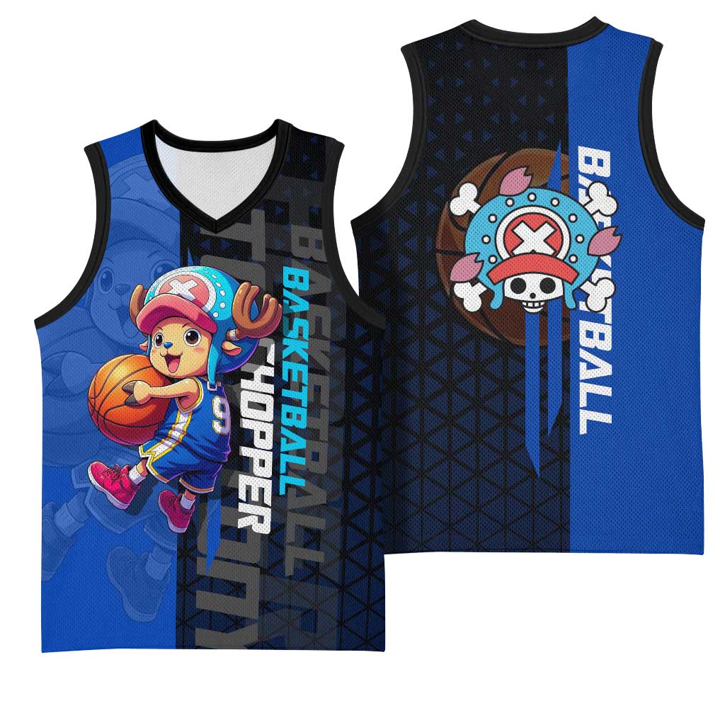 Tony Tony Chopper One Piece Basketball Theme Blue and Black Design Basketball Jersey with Straw Hat Crew Emblem and Playful Pose - The Mazicc