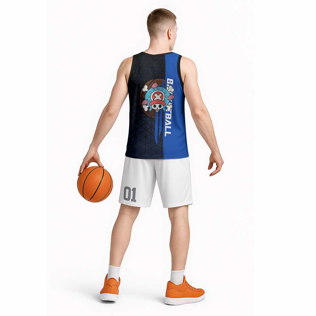Tony Tony Chopper One Piece Basketball Theme Blue and Black Design Basketball Jersey with Straw Hat Crew Emblem and Playful Pose - The Mazicc