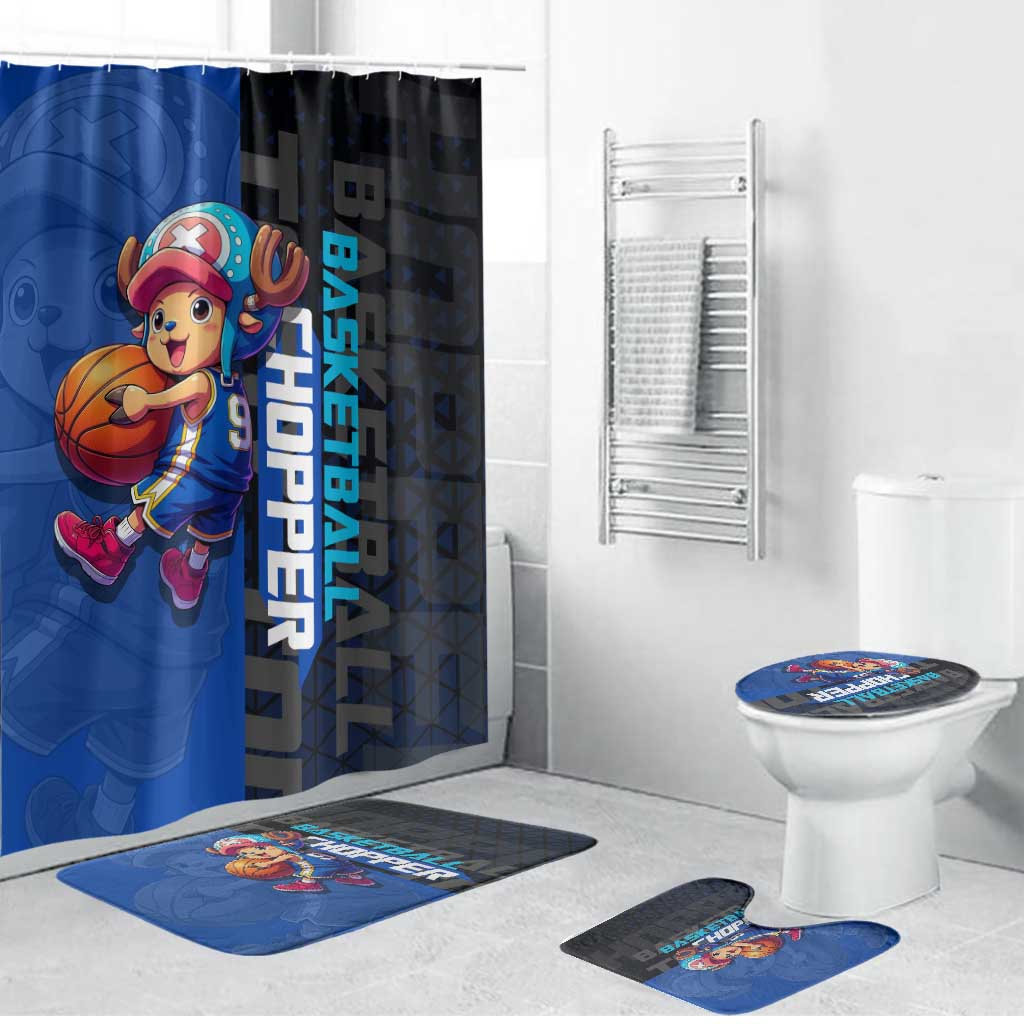 Tony Tony Chopper One Piece Basketball Theme Blue and Black Design Bathroom Set with Straw Hat Crew Emblem and Playful Pose - The Mazicc