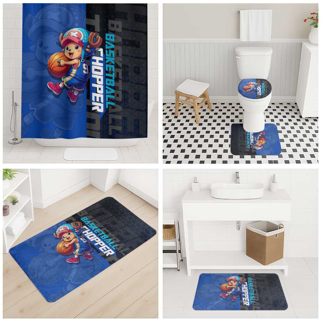 Tony Tony Chopper One Piece Basketball Theme Blue and Black Design Bathroom Set with Straw Hat Crew Emblem and Playful Pose - The Mazicc