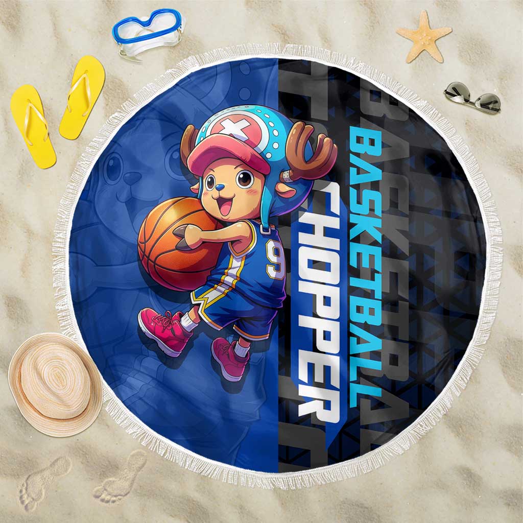 Tony Tony Chopper One Piece Basketball Theme Blue and Black Design Beach Blanket with Straw Hat Crew Emblem and Playful Pose - The Mazicc