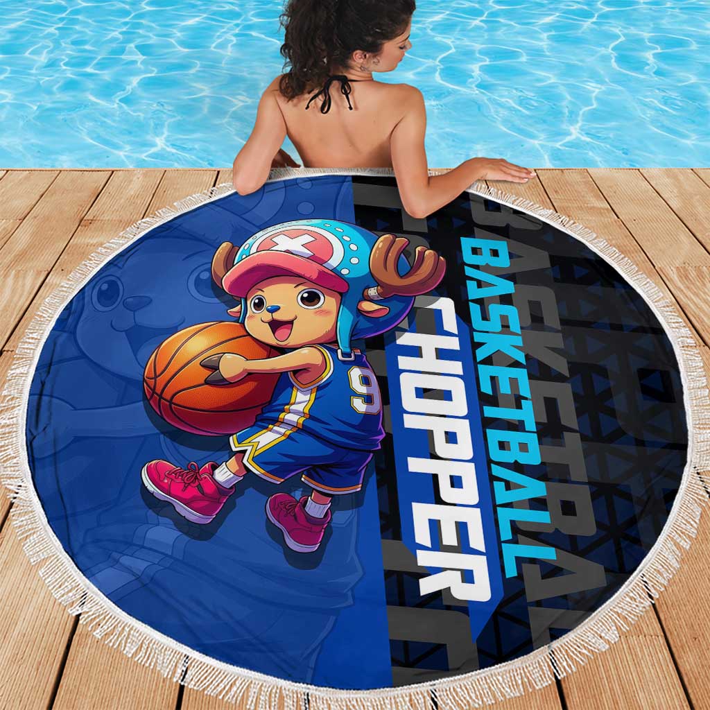 Tony Tony Chopper One Piece Basketball Theme Blue and Black Design Beach Blanket with Straw Hat Crew Emblem and Playful Pose - The Mazicc