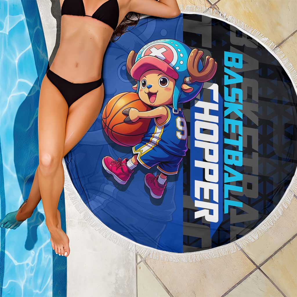 Tony Tony Chopper One Piece Basketball Theme Blue and Black Design Beach Blanket with Straw Hat Crew Emblem and Playful Pose - The Mazicc