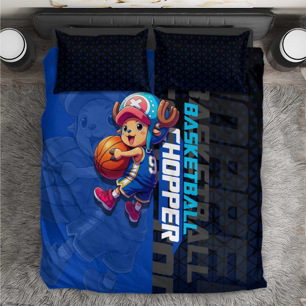 Tony Tony Chopper One Piece Basketball Theme Blue and Black Design Bedding Set with Straw Hat Crew Emblem and Playful Pose - The Mazicc