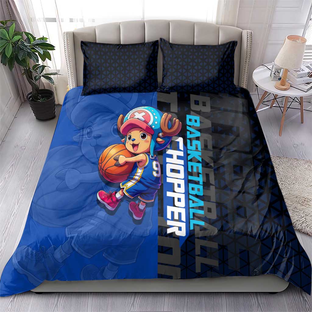 Tony Tony Chopper One Piece Basketball Theme Blue and Black Design Bedding Set with Straw Hat Crew Emblem and Playful Pose - The Mazicc