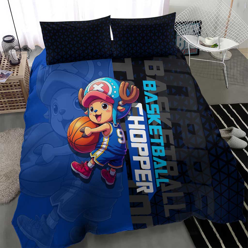 Tony Tony Chopper One Piece Basketball Theme Blue and Black Design Bedding Set with Straw Hat Crew Emblem and Playful Pose - The Mazicc