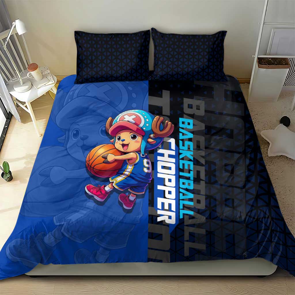 Tony Tony Chopper One Piece Basketball Theme Blue and Black Design Bedding Set with Straw Hat Crew Emblem and Playful Pose - The Mazicc