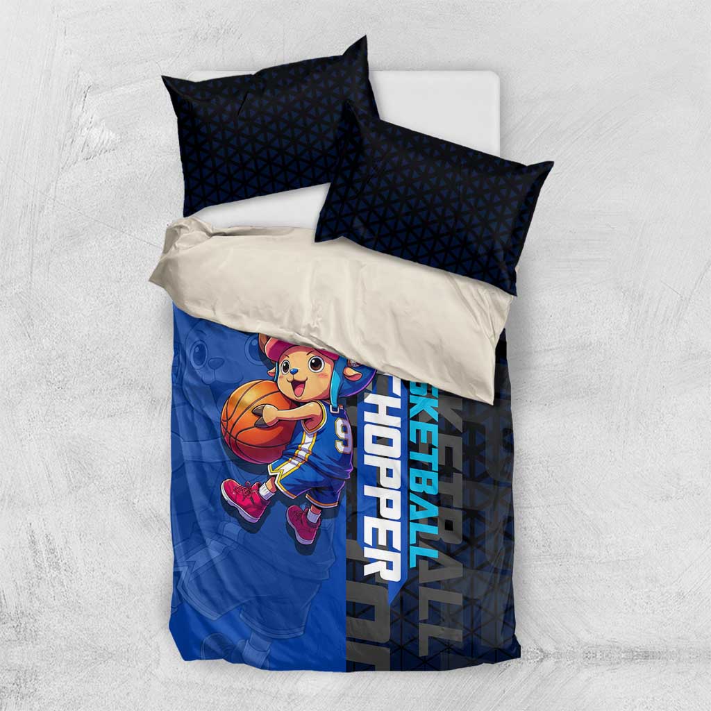 Tony Tony Chopper One Piece Basketball Theme Blue and Black Design Bedding Set with Straw Hat Crew Emblem and Playful Pose - The Mazicc
