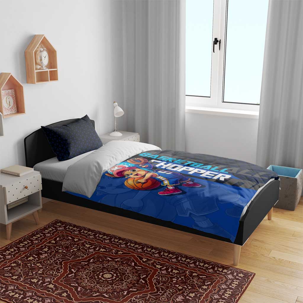 Tony Tony Chopper One Piece Basketball Theme Blue and Black Design Bedding Set with Straw Hat Crew Emblem and Playful Pose - The Mazicc