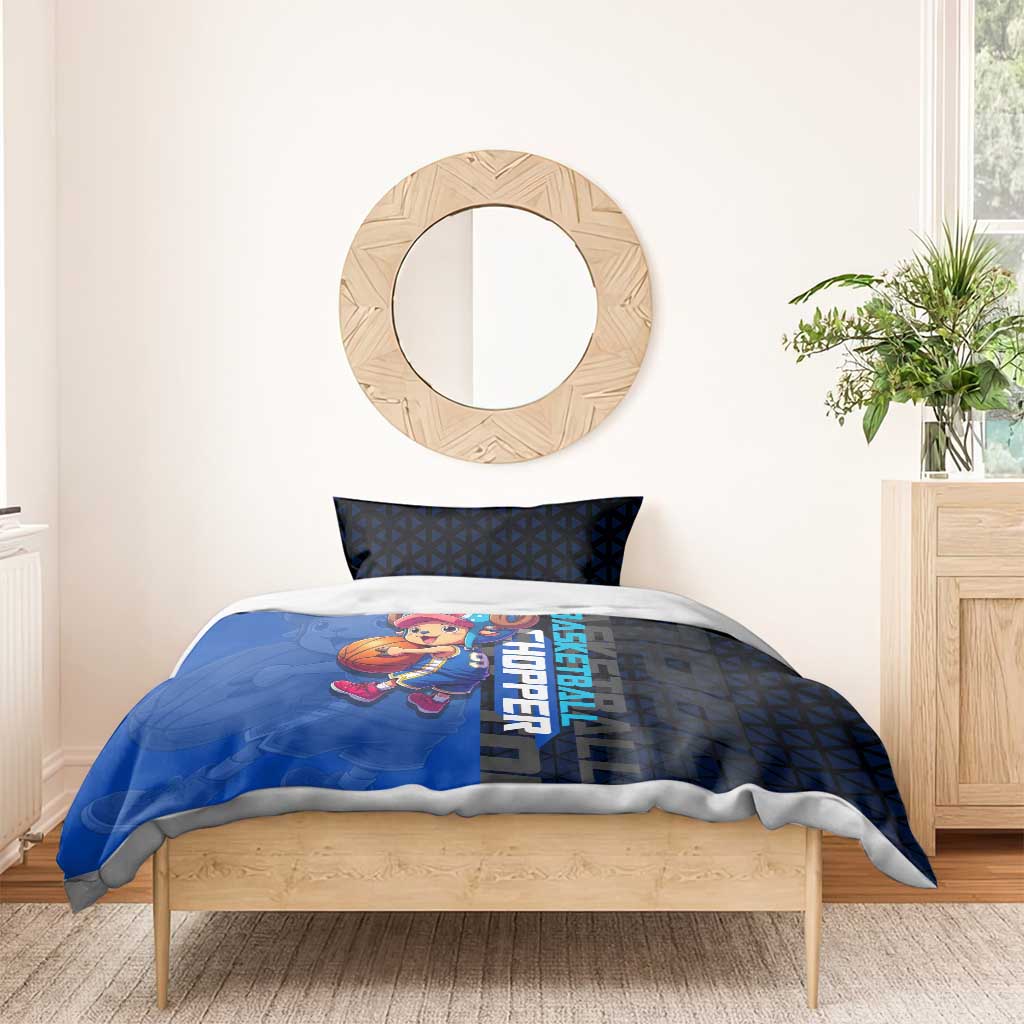 Tony Tony Chopper One Piece Basketball Theme Blue and Black Design Bedding Set with Straw Hat Crew Emblem and Playful Pose - The Mazicc