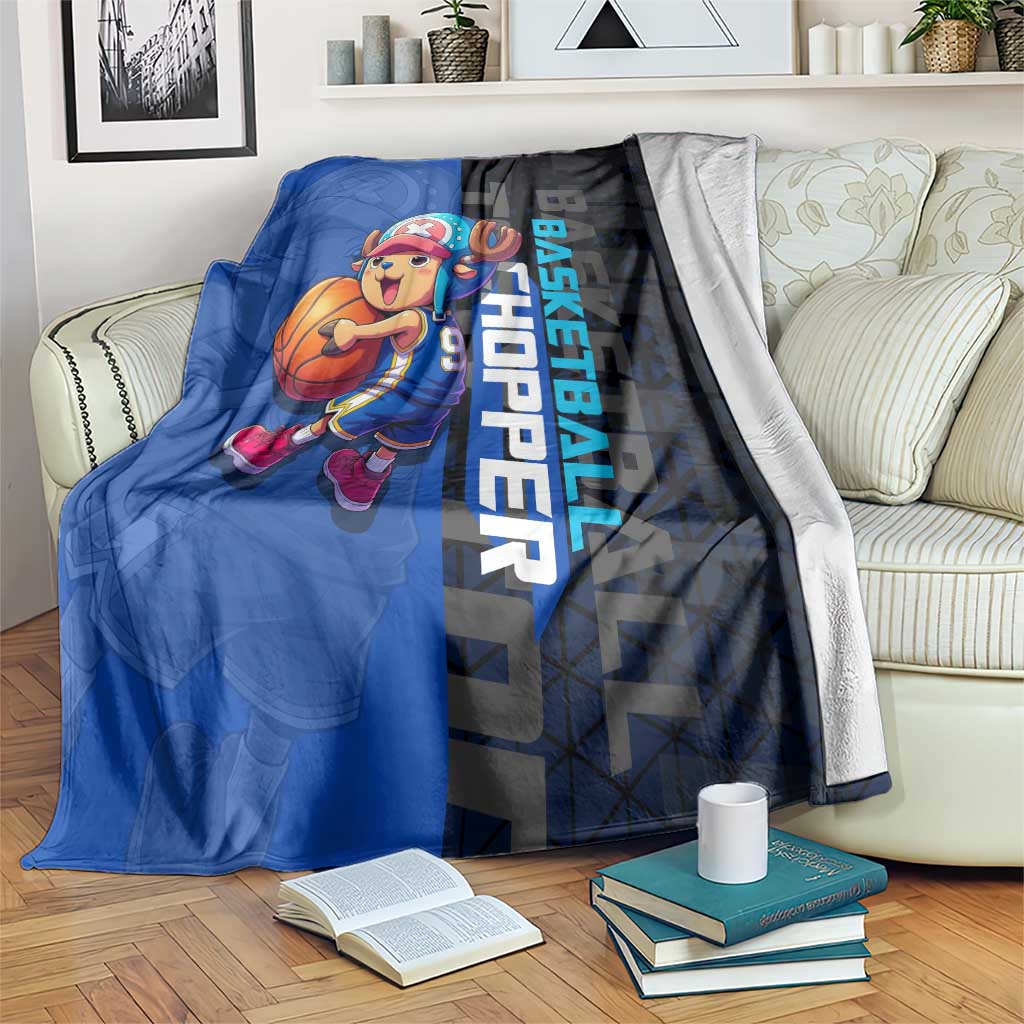 Tony Tony Chopper One Piece Basketball Theme Blue and Black Design Blanket with Straw Hat Crew Emblem and Playful Pose - The Mazicc