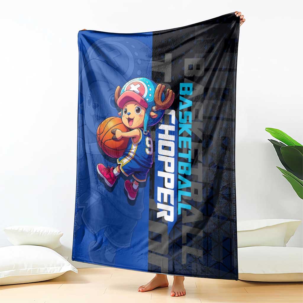 Tony Tony Chopper One Piece Basketball Theme Blue and Black Design Blanket with Straw Hat Crew Emblem and Playful Pose - The Mazicc