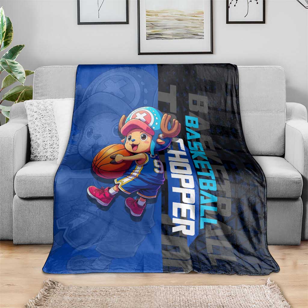 Tony Tony Chopper One Piece Basketball Theme Blue and Black Design Blanket with Straw Hat Crew Emblem and Playful Pose - The Mazicc