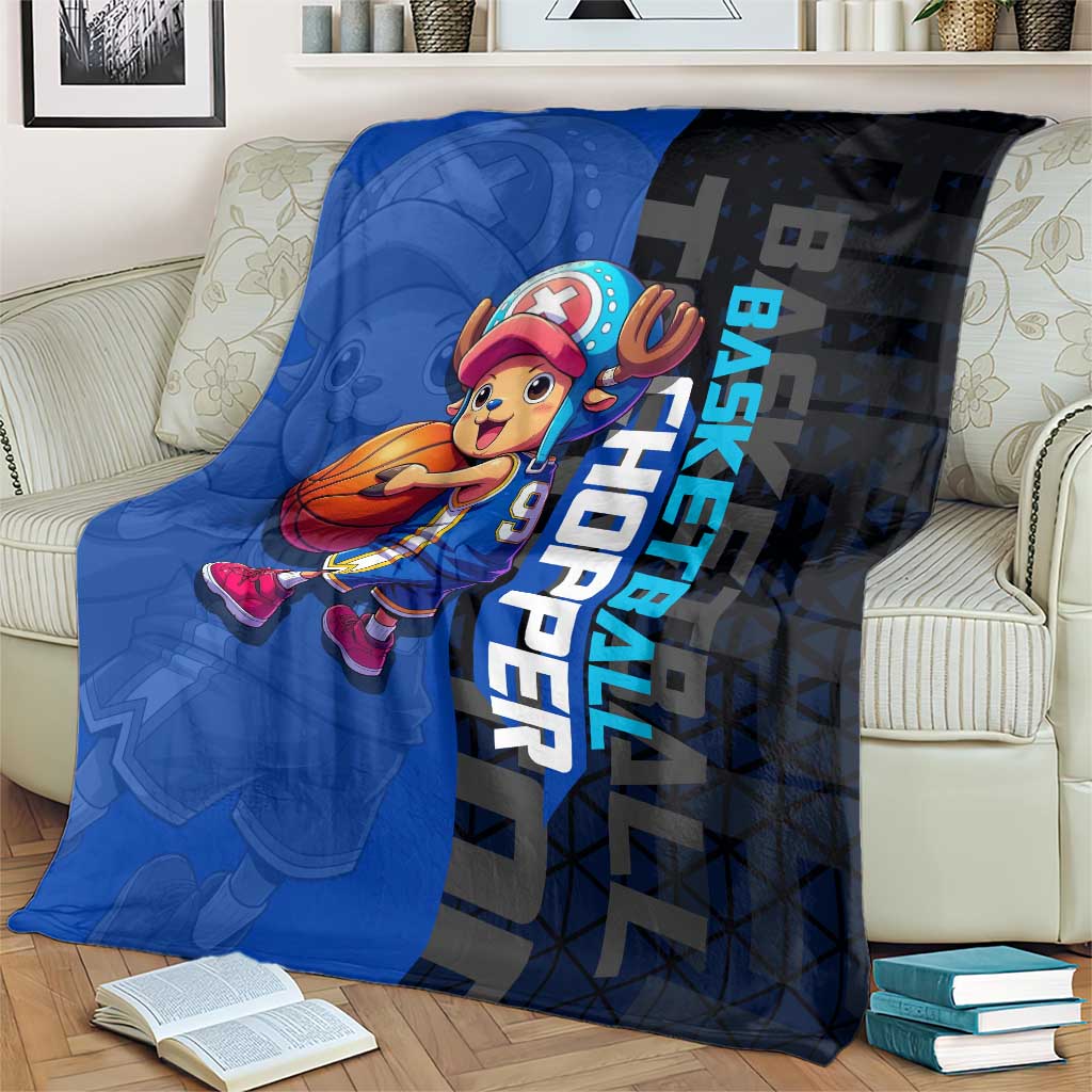 Tony Tony Chopper One Piece Basketball Theme Blue and Black Design Blanket with Straw Hat Crew Emblem and Playful Pose - The Mazicc