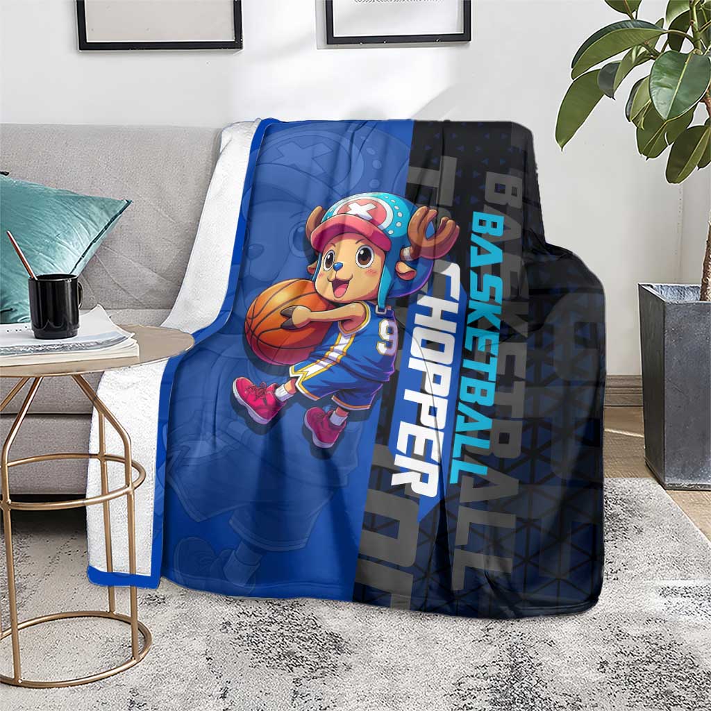 Tony Tony Chopper One Piece Basketball Theme Blue and Black Design Blanket with Straw Hat Crew Emblem and Playful Pose - The Mazicc