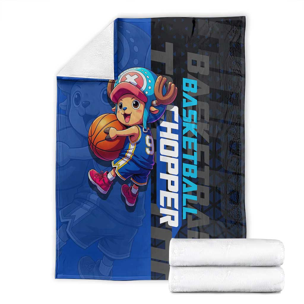 Tony Tony Chopper One Piece Basketball Theme Blue and Black Design Blanket with Straw Hat Crew Emblem and Playful Pose - The Mazicc