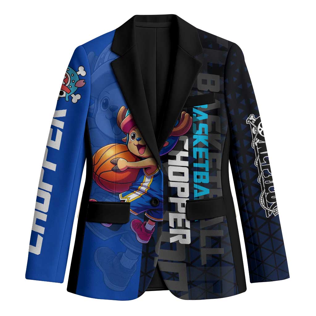 Tony Tony Chopper One Piece Basketball Theme Blue and Black Design Blazer with Straw Hat Crew Emblem and Playful Pose - The Mazicc