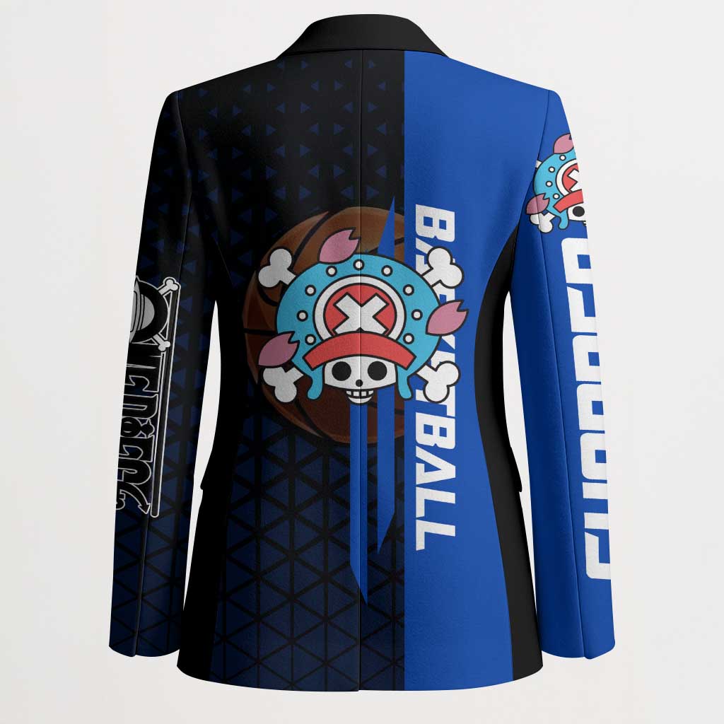 Tony Tony Chopper One Piece Basketball Theme Blue and Black Design Blazer with Straw Hat Crew Emblem and Playful Pose - The Mazicc