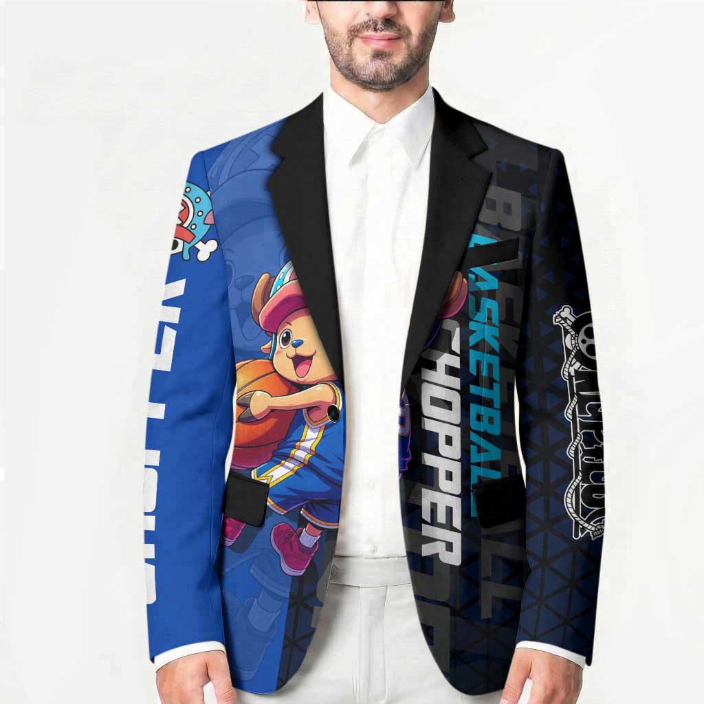 Tony Tony Chopper One Piece Basketball Theme Blue and Black Design Blazer with Straw Hat Crew Emblem and Playful Pose - The Mazicc