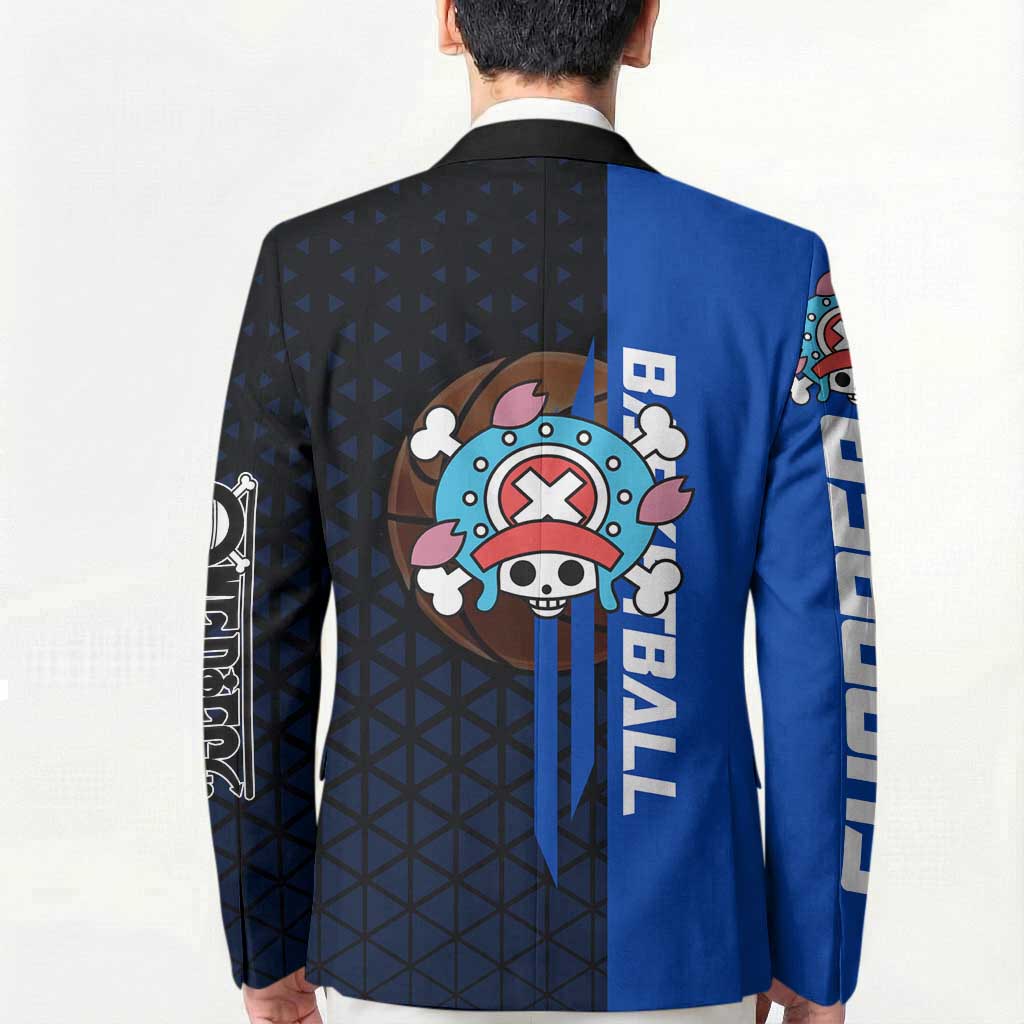 Tony Tony Chopper One Piece Basketball Theme Blue and Black Design Blazer with Straw Hat Crew Emblem and Playful Pose - The Mazicc