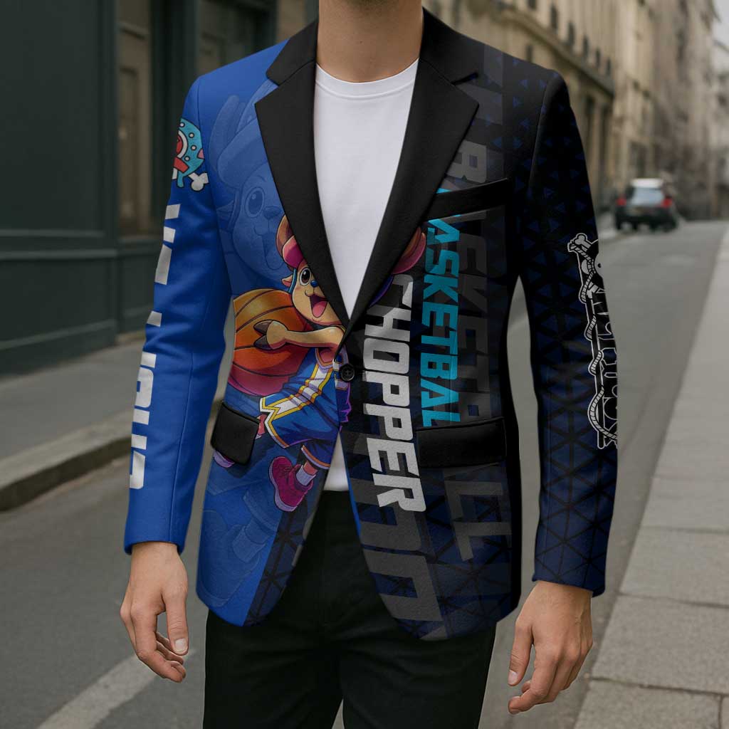 Tony Tony Chopper One Piece Basketball Theme Blue and Black Design Blazer with Straw Hat Crew Emblem and Playful Pose - The Mazicc