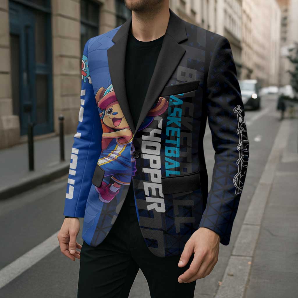 Tony Tony Chopper One Piece Basketball Theme Blue and Black Design Blazer with Straw Hat Crew Emblem and Playful Pose - The Mazicc