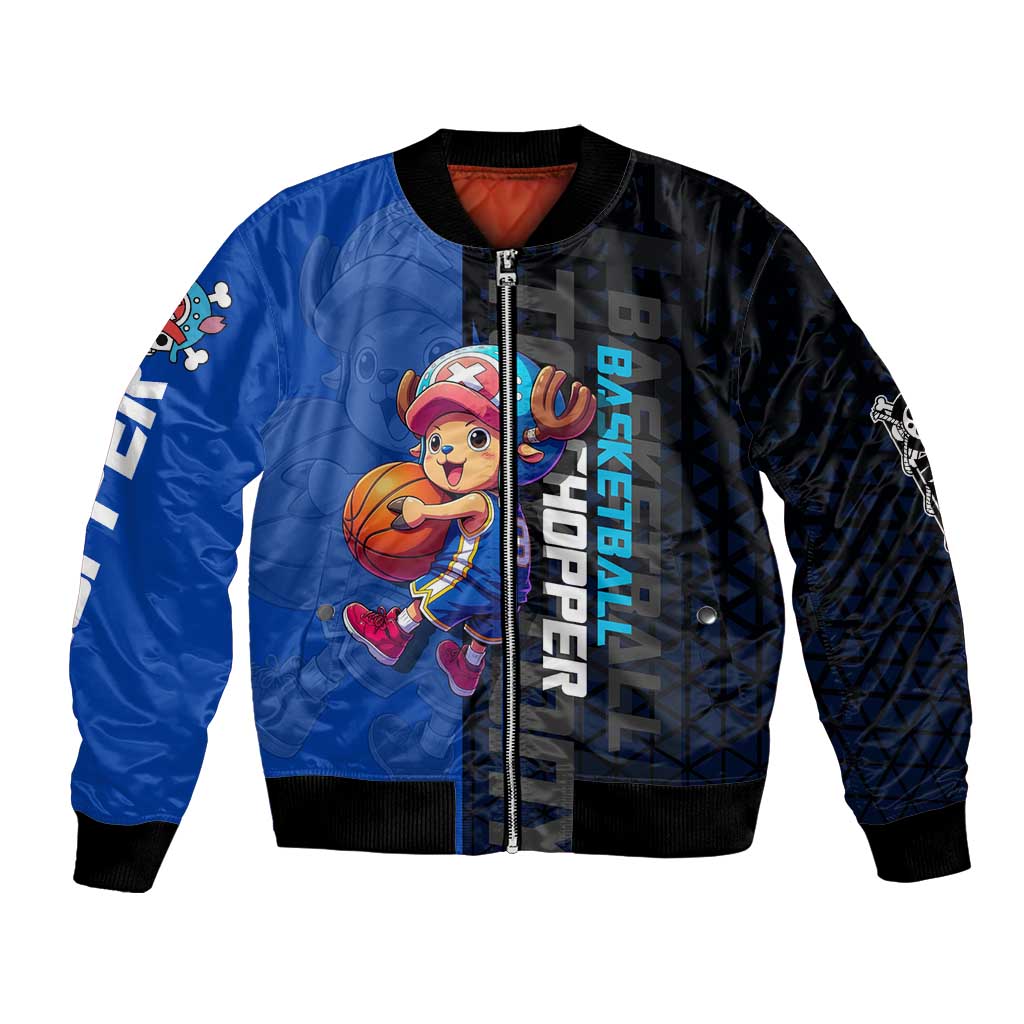 Tony Tony Chopper One Piece Basketball Theme Blue and Black Design Bomber Jacket with Straw Hat Crew Emblem and Playful Pose - The Mazicc
