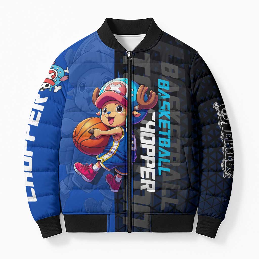 Tony Tony Chopper One Piece Basketball Theme Blue and Black Design Bomber Puffer Jacket with Straw Hat Crew Emblem and Playful Pose - The Mazicc