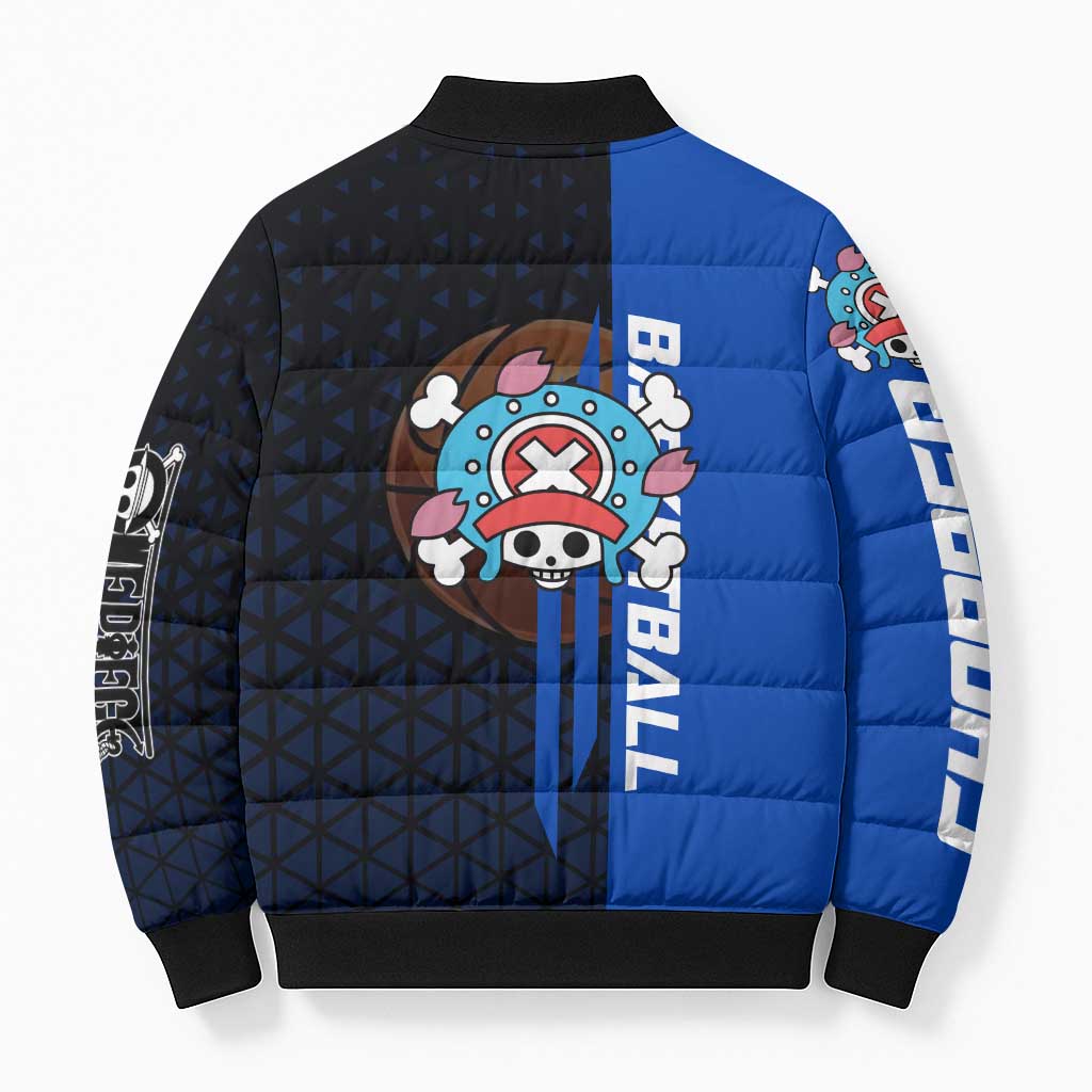 Tony Tony Chopper One Piece Basketball Theme Blue and Black Design Bomber Puffer Jacket with Straw Hat Crew Emblem and Playful Pose - The Mazicc