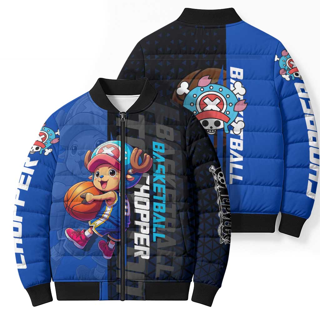 Tony Tony Chopper One Piece Basketball Theme Blue and Black Design Bomber Puffer Jacket with Straw Hat Crew Emblem and Playful Pose - The Mazicc