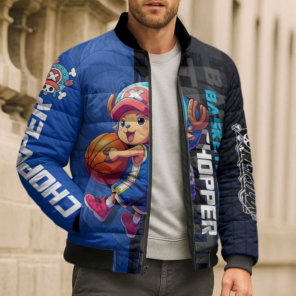 Tony Tony Chopper One Piece Basketball Theme Blue and Black Design Bomber Puffer Jacket with Straw Hat Crew Emblem and Playful Pose - The Mazicc