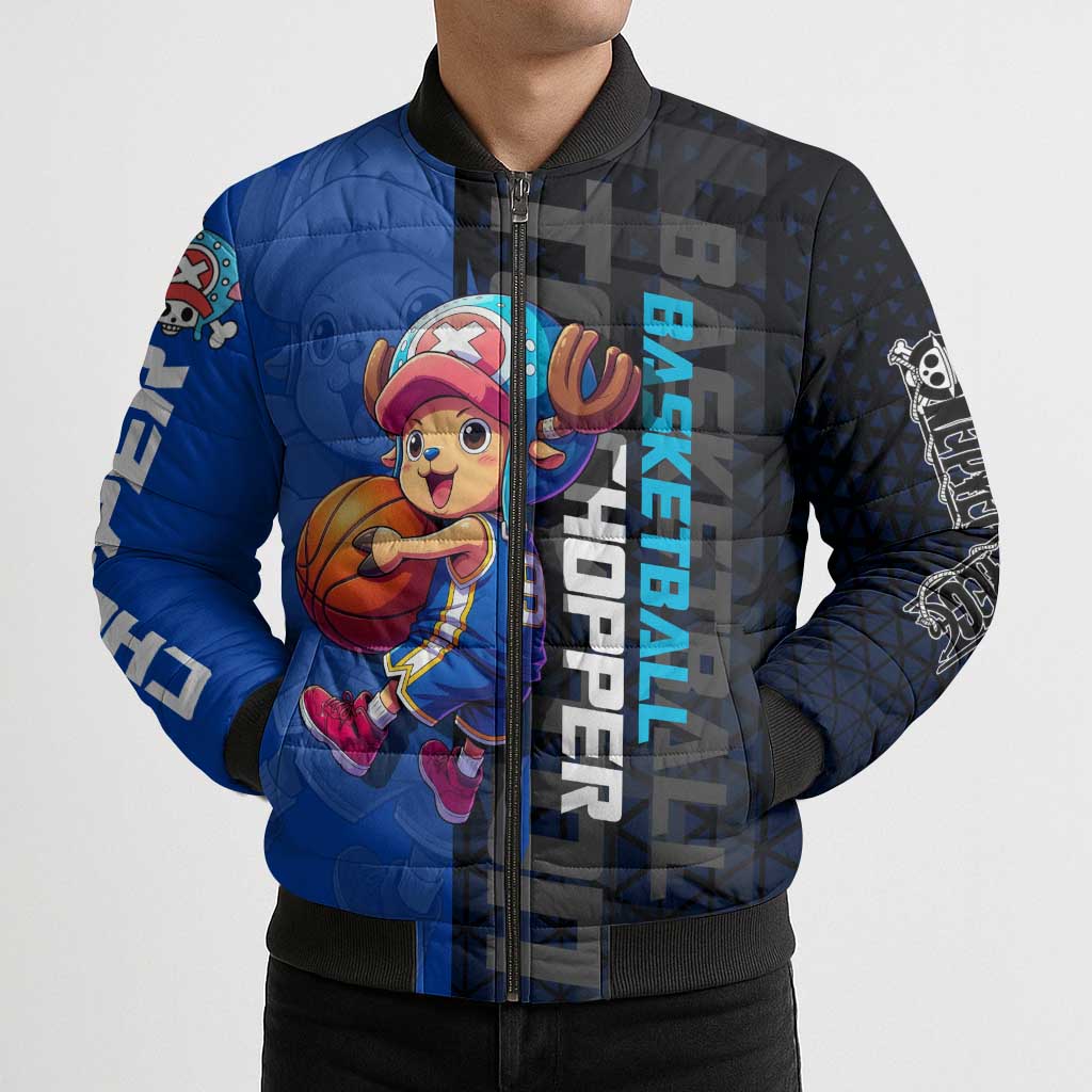 Tony Tony Chopper One Piece Basketball Theme Blue and Black Design Bomber Puffer Jacket with Straw Hat Crew Emblem and Playful Pose - The Mazicc