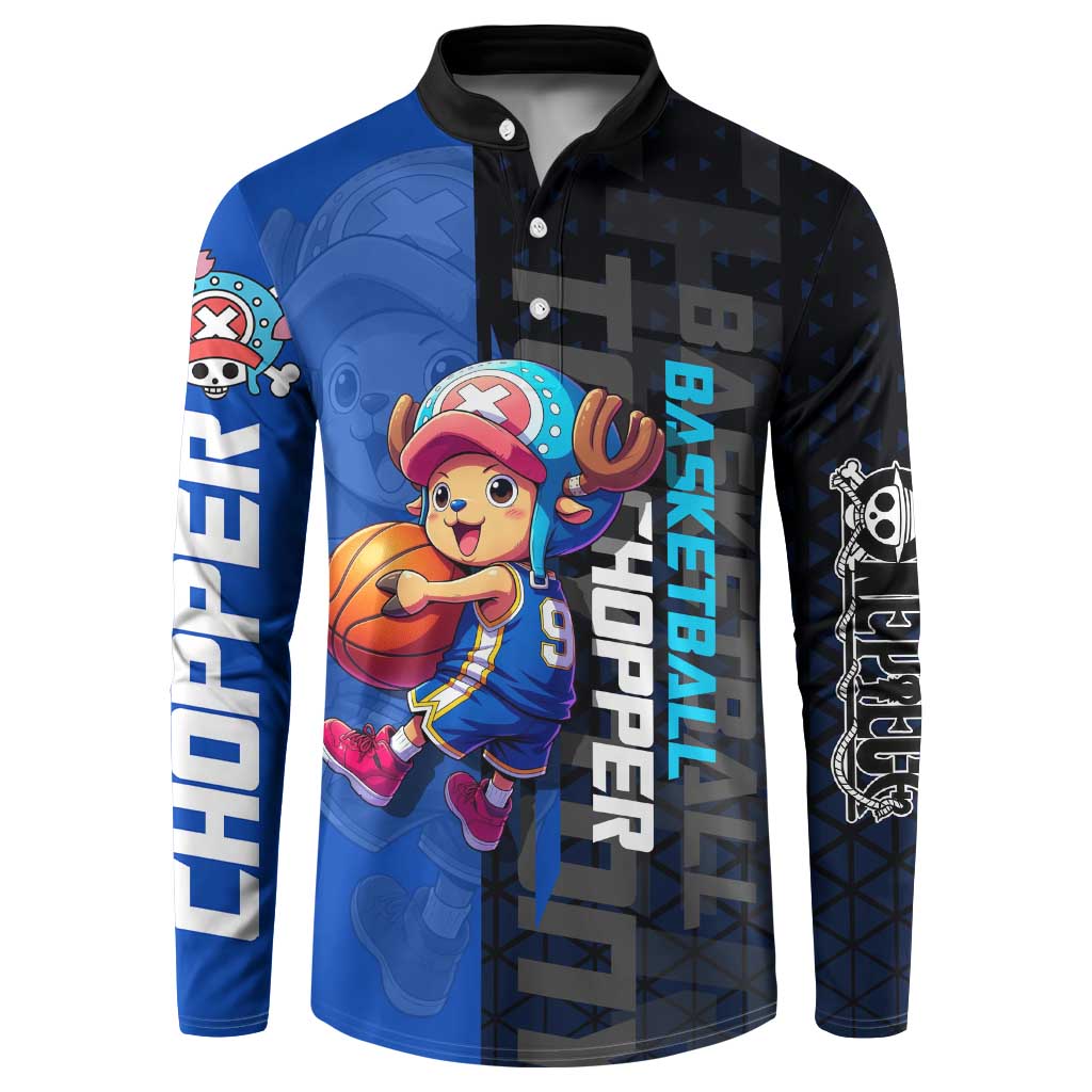 Tony Tony Chopper One Piece Basketball Theme Blue and Black Design Button Sweatshirt with Straw Hat Crew Emblem and Playful Pose - The Mazicc