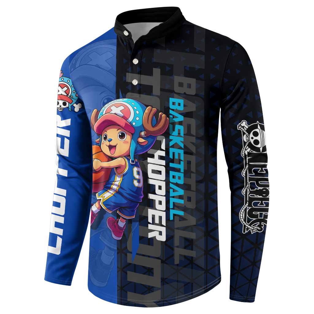 Tony Tony Chopper One Piece Basketball Theme Blue and Black Design Button Sweatshirt with Straw Hat Crew Emblem and Playful Pose - The Mazicc